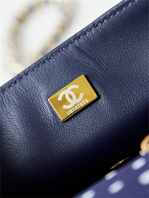 Chanel Mini Classic Handbag Dk Blue Fabric with White Dot A69900