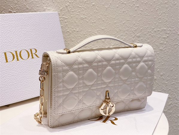 CD Miss Dior Top Handle Bag Cannage Patent Calfskin White