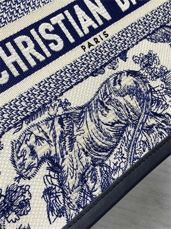 CD Small Book Tote With Strap White and Navy Blue Toile de Jouy Sauvage Embroidery with Navy Blue Calfskin