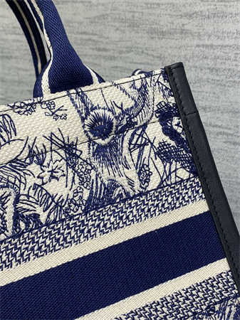 CD Small Book Tote With Strap White and Navy Blue Toile de Jouy Sauvage Embroidery with Navy Blue Calfskin