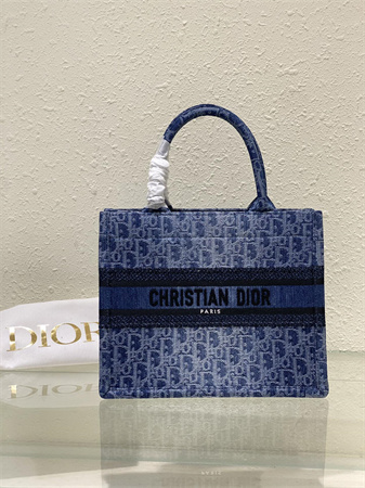 CD Small Book Tote Blue Denim Dior  Oblique Jacquard