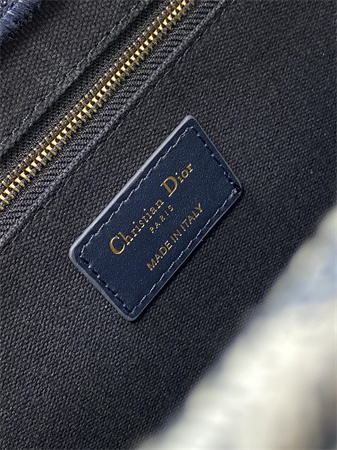 CD Medium Book Tote With Strap Blue and Ecru Toile de Jouy Reverse Embroidery and Blue Calfskin