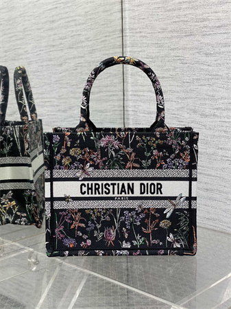 CD Small Book Tote Black Multicolor Dior Herbarium Embroidery