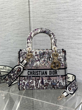CD Medium Lady Di.or D-Lite Bag White Multicolor Dior 4 Saisons Hiver Embroidery