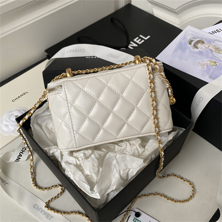 Chanel Vanity Case With Gold Ball Lambksin Gold Tone Metal White AP3651