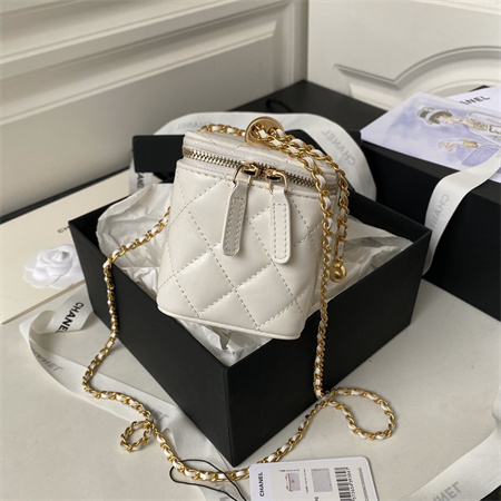 Chanel Vanity Case With Gold Ball Lambksin Gold Tone Metal White AP3651