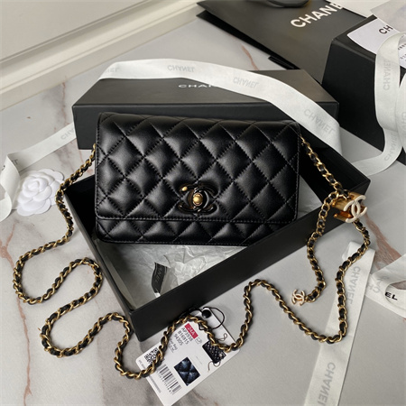 Chanel Wallet On Chain Shiny Lambskin, Enamel & Gold-Tone Metal Black AP3938