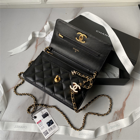 Chanel Wallet On Chain Shiny Lambskin, Enamel & Gold-Tone Metal Black AP3938