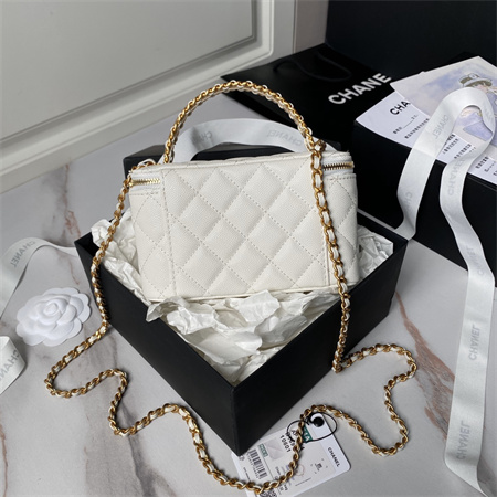 Chanel Vanity Case With Top Handle Grained Calfskin Gold Tone Metal White AP4064