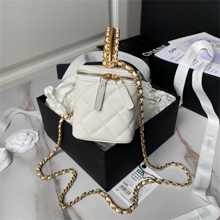 Chanel Vanity Case With Top Handle Grained Calfskin Gold Tone Metal White AP4064