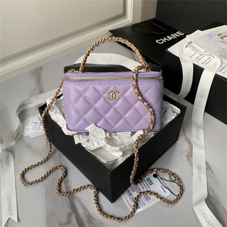 Chanel Vanity Case With Top Handle Grained Calfskin Gold Tone Metal Lt Purple AP4064