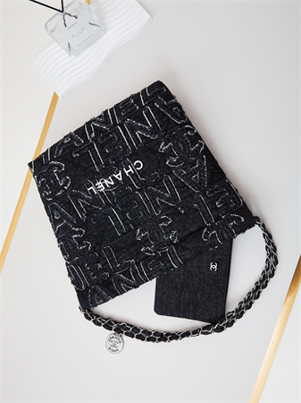 Cha.nel 22 Small Handbag Black Denim Silver Tone Metal AS3260