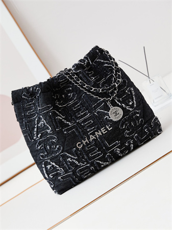 Cha.nel 22 Medium Handbag Black Denim Silver Tone Metal AS3261