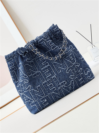 Cha.nel 22 Medium Handbag Dk Blue Denim Silver Tone Metal AS3261