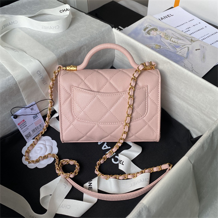 Chanel Mini Flap Bag With Top Handle Grained Shinny Calfskin Gold Tone Metal Pink AS4956