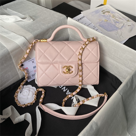 Chanel Mini Flap Bag With Top Handle Lambskin Gold Tone Metal Pink AS4956