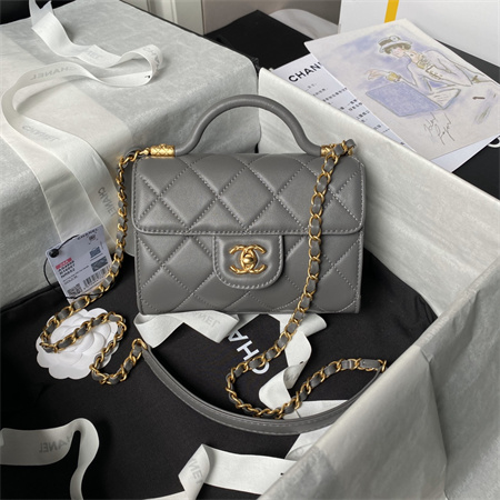 Chanel Mini Flap Bag With Top Handle Lambskin Gold Tone Metal Grey AS4956