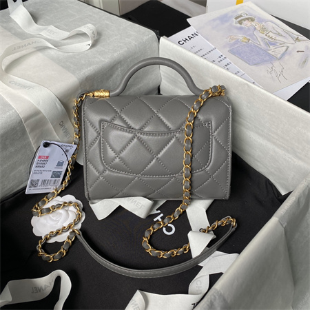 Chanel Mini Flap Bag With Top Handle Lambskin Gold Tone Metal Grey AS4956