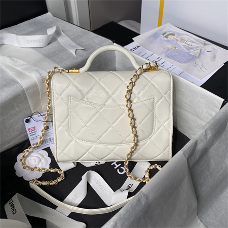 Chanel Flap Bag With Top Handle Grained Shinny Calfskin Gold Tone Metal White AS4957