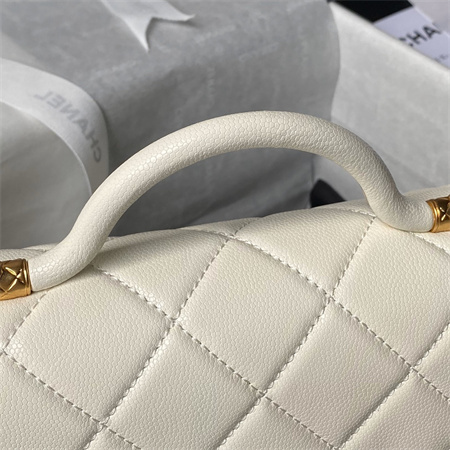 Chanel Flap Bag With Top Handle Grained Shinny Calfskin Gold Tone Metal White AS4957