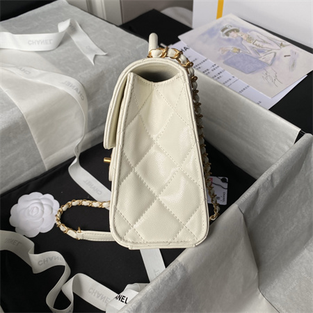 Chanel Flap Bag With Top Handle Grained Shinny Calfskin Gold Tone Metal White AS4957