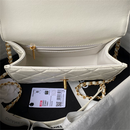 Chanel Flap Bag With Top Handle Grained Shinny Calfskin Gold Tone Metal White AS4957