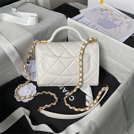 Chanel Flap Bag With Top Handle Lambskin Gold Tone Metal White AS4957