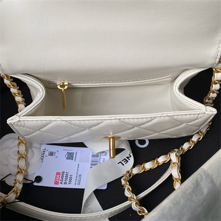 Chanel Flap Bag With Top Handle Lambskin Gold Tone Metal White AS4957