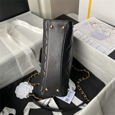 Chanel Flap Bag With Top Handle Grained Shinny Calfskin Gold Tone Metal Black AS4957