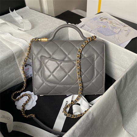 Chanel Flap Bag With Top Handle Lambskin Gold Tone Metal Grey AS4957