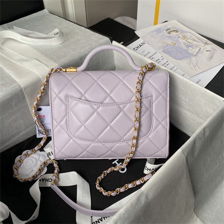 Chanel Flap Bag With Top Handle Lambskin Gold Tone Metal Lt Purple AS4956