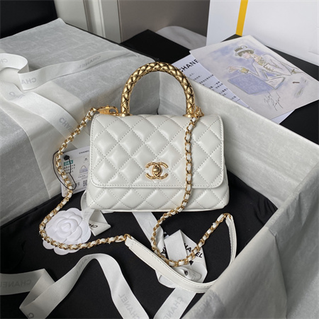 Chanel Mini Coco Handle Bag Shinny Calfskin Aged Gold Metal White AS2215