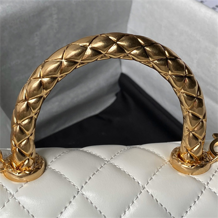 Chanel Mini Coco Handle Bag Shinny Calfskin Aged Gold Metal White AS2215