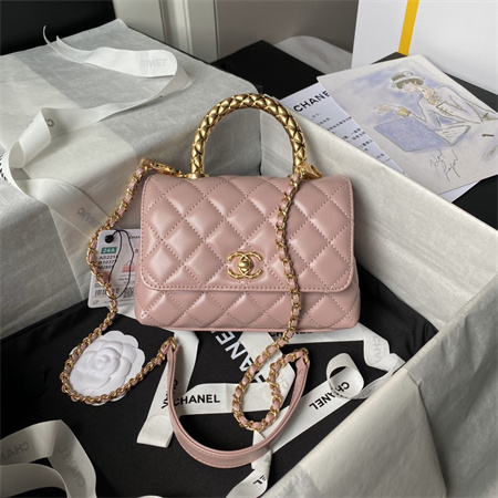 Chanel Mini Coco Handle Bag Shinny Calfskin Aged Gold Metal Pink AS2215