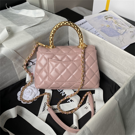 Chanel Mini Coco Handle Bag Shinny Calfskin Aged Gold Metal Pink AS2215