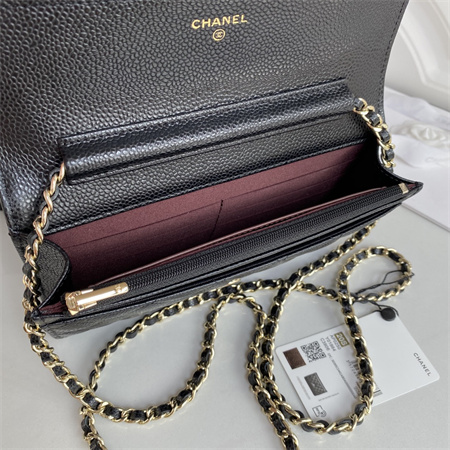 Cha.nel Wallet On Chain Grained Calfskin Gold Tone Metal Black AP0250