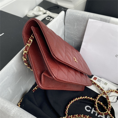 Cha.nel Wallet On Chain Grained Calfskin Gold Tone Metal Burgundy AP0250