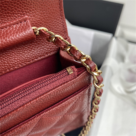 Cha.nel Wallet On Chain Grained Calfskin Gold Tone Metal Burgundy AP0250