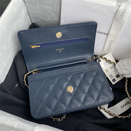 Cha.nel Wallet On Chain Grained Calfskin Gold Tone Metal Navy AP0250