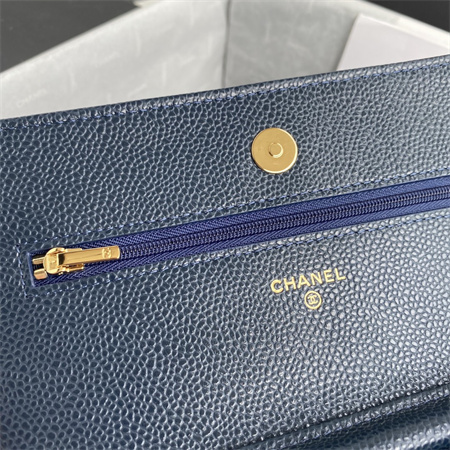 Cha.nel Wallet On Chain Grained Calfskin Gold Tone Metal Navy AP0250