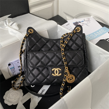 Chanel Hobo Bag Grained Calfskin Gold Tone Metal Black AS3690