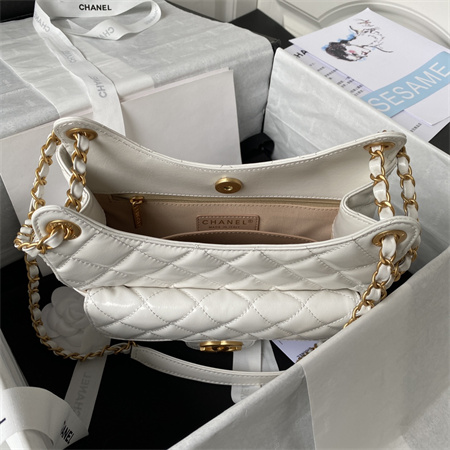 Chanel Hobo Bag Shinny Calfskin Gold Tone Metal White AS3690