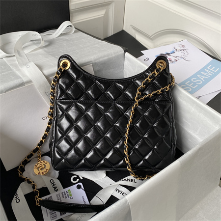 Chanel Hobo Bag Shinny Calfskin Gold Tone Metal Black AS3690