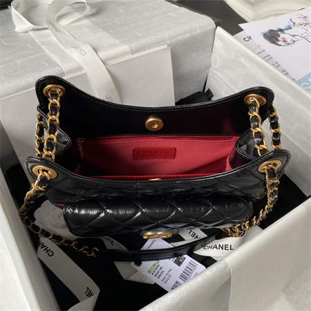 Chanel Hobo Bag Shinny Calfskin Gold Tone Metal Black AS3690