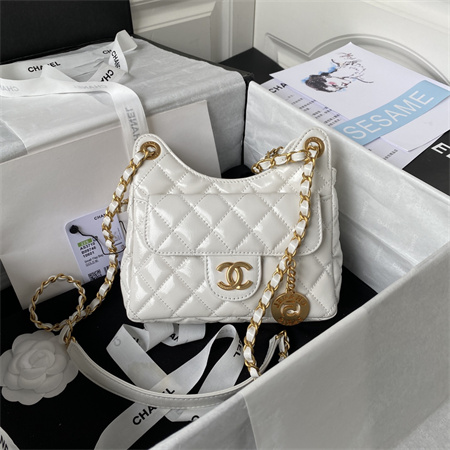 Chanel Small Hobo Bag Shinny Calfskin Gold Tone Metal White AS3710