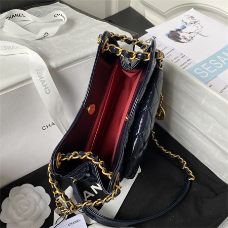 Chanel Small Hobo Bag Shinny Calfskin Gold Tone Metal Navy AS3710