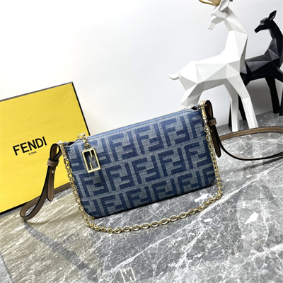 Fen.di Baguette Pouch With Chain Light Blue FF Denim Fabric