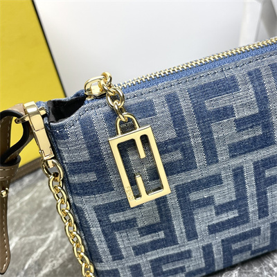 Fen.di Baguette Pouch With Chain Light Blue FF Denim Fabric