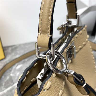 Fen.di Peekaboo ISeeU Petite Cuoio Romano Leather Beige Selleria bag with 306 hand-sewn topstitches