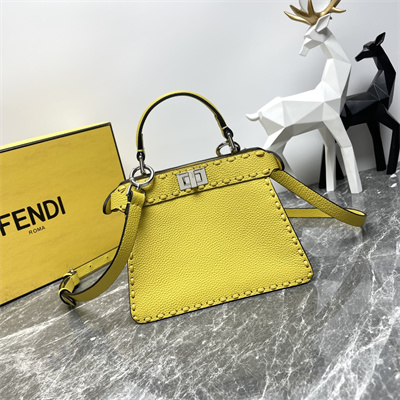 Fen.di Peekaboo ISeeU Petite Cuoio Romano Leather Yellow Selleria bag with 306 hand-sewn topstitches